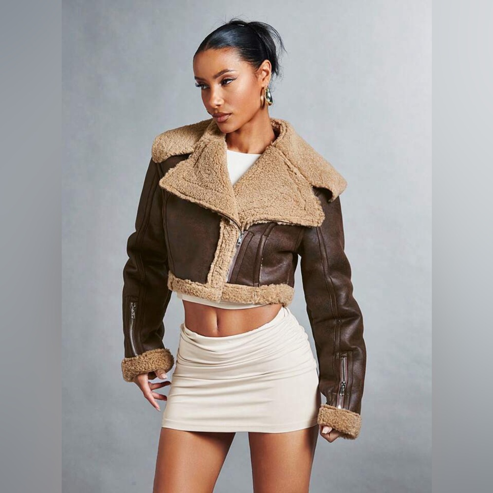 SHEIN X Carly Lawrence Khaki Fluffy Faux Shearling Jacket Brown - US 4/S - Picture 2 of 16